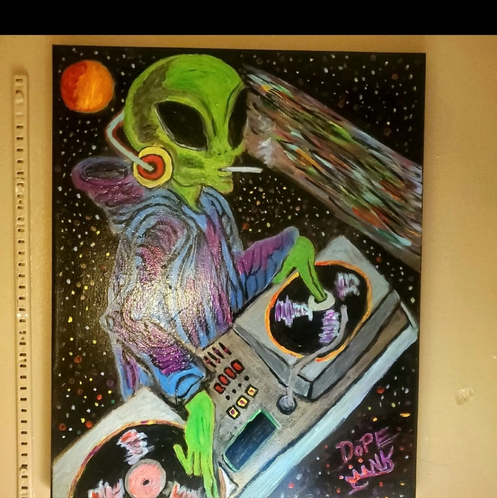 Acrylic alien dj canvas painting